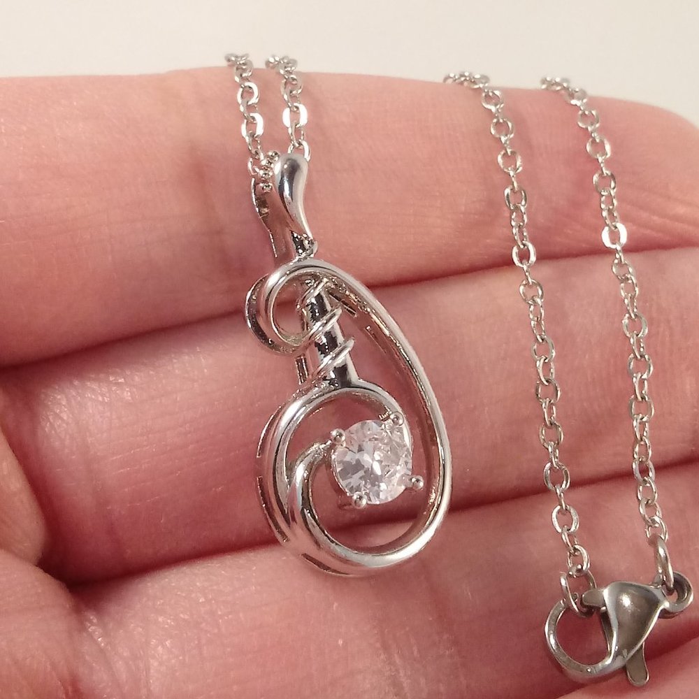 Silver Plated Diamond Zircon Swirl Art Deco Pendant Chain Necklace .84ctw Gift